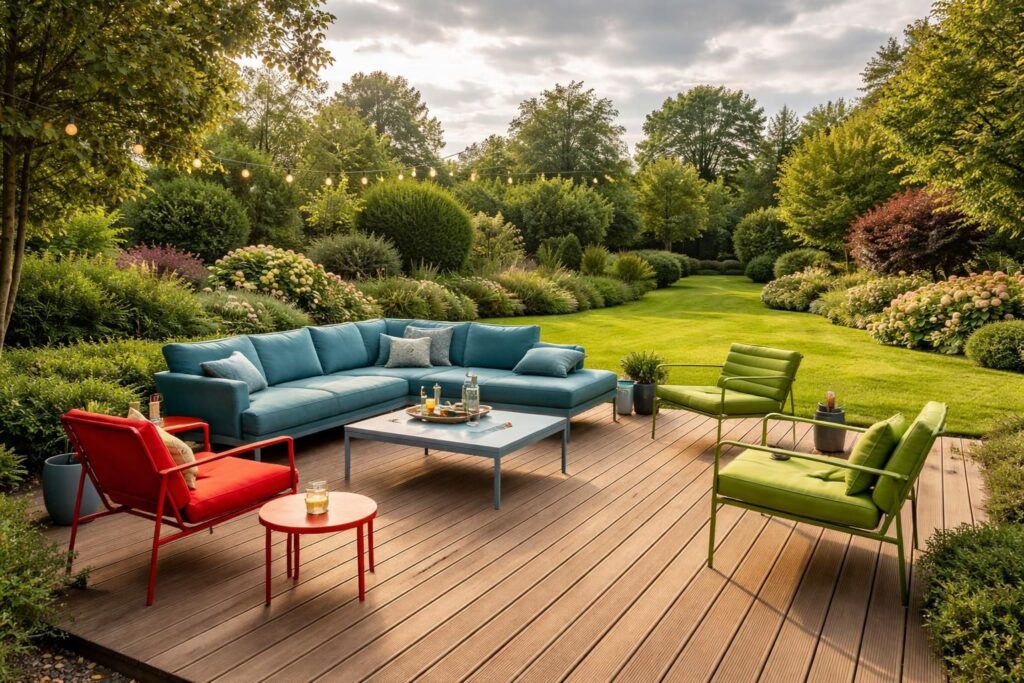 Aménager un jardin belge avec terrasse en teck Vlaemynck et salons de jardin Fermob