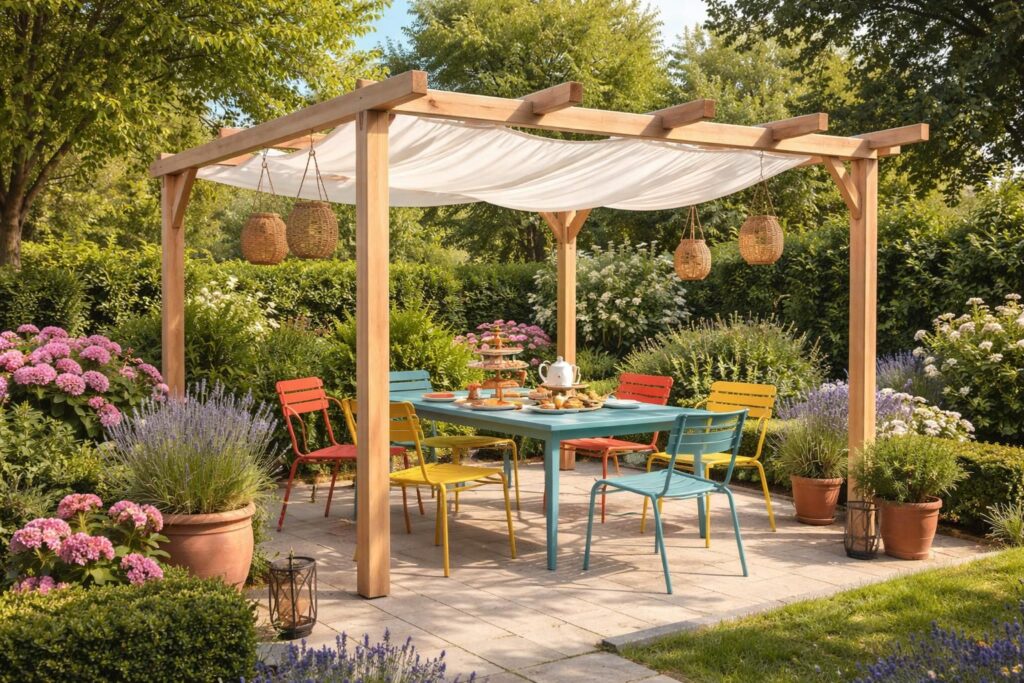 Aménager un jardin belge : pergola Unopiù et salon de jardin Fermob pour goûters en extérieur
