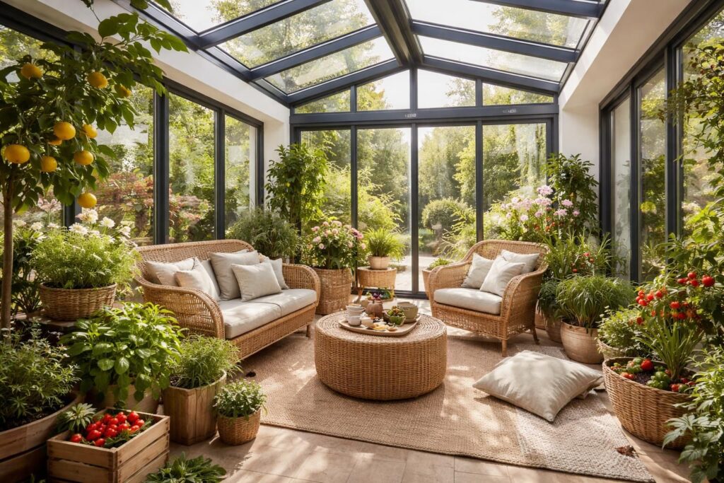 Créer un jardin d&rsquo;hiver gourmand en Belgique avec des verrières Lapeyre et du mobilier osier