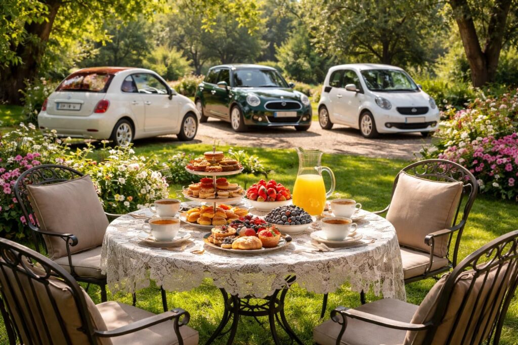 Goûter au jardin après une balade en Fiat 500 cabriolet, Mini Cooper et Smart ForTwo