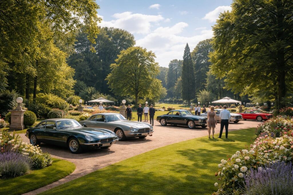 Jardin événementiel Belgique pour rallye automobiles anciennes avec parking Jaguar et Aston Martin