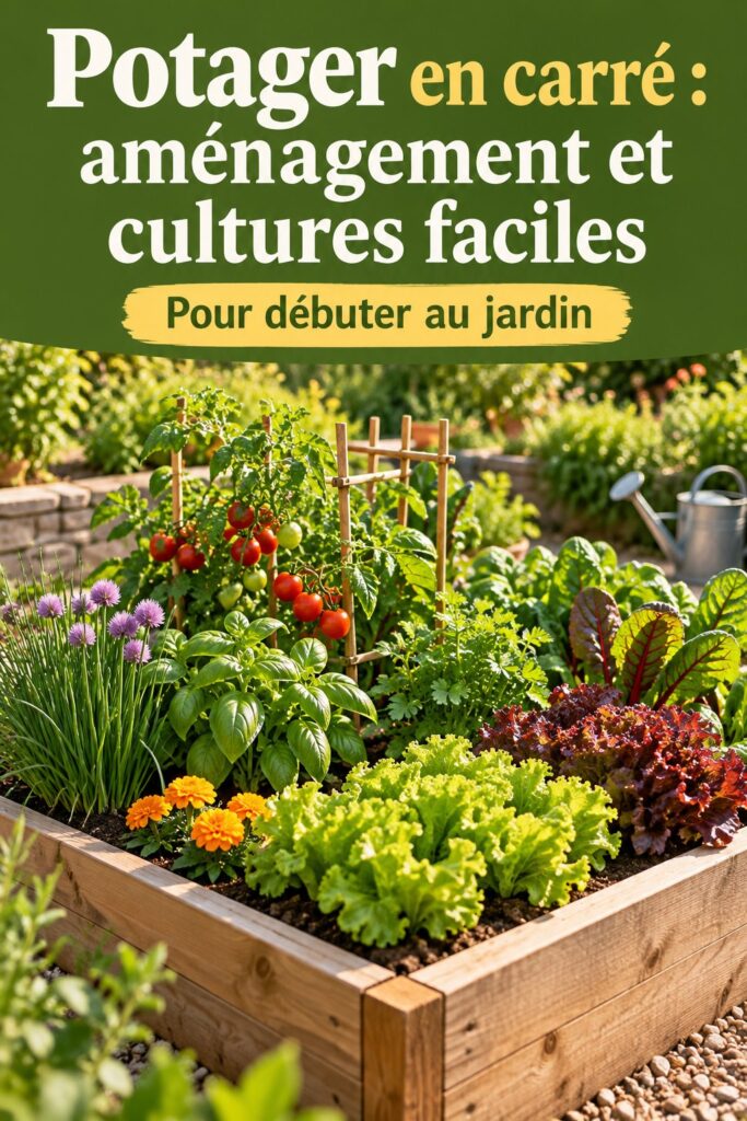 Aménagement d'un potager en carré avec des légumes variés cultivés sans pesticides.