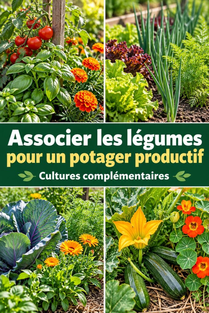 Un potager avec plusieurs variétés de légumes bien associés, illustrant la techniques des associations de plantes.