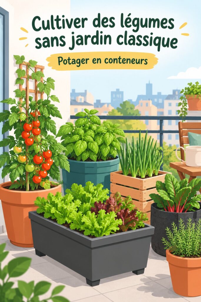 Un balcon avec des pots de légumes cultivés sans jardin classique.