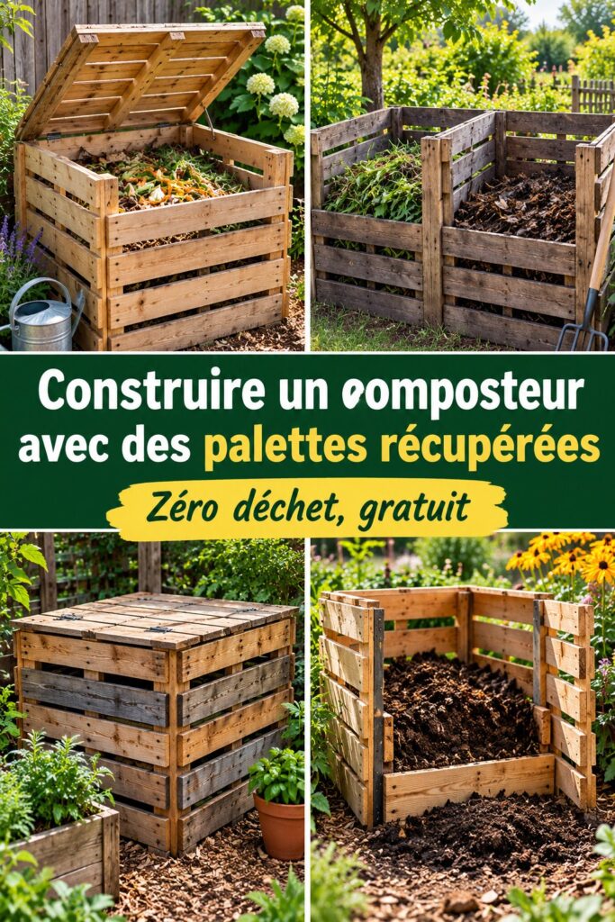 Composteur fabriqué avec des palettes récupérées dans un jardin