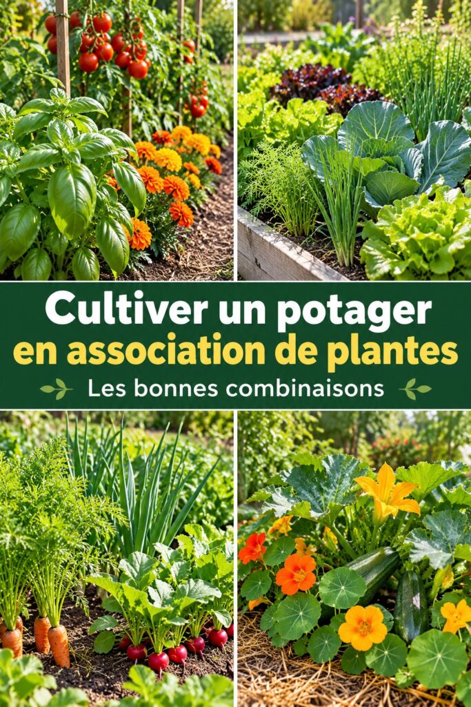 Potager en association de plantes, des cultures variées et en bonne santé.