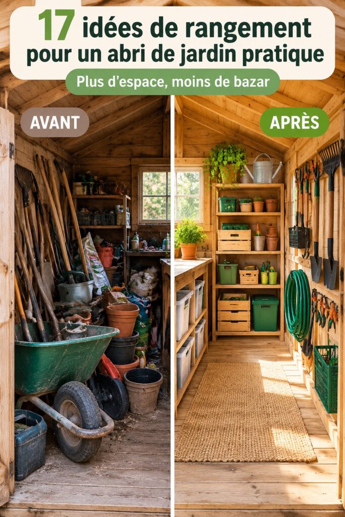 Abri de jardin bien organisé avec des outils et matériel de jardinage