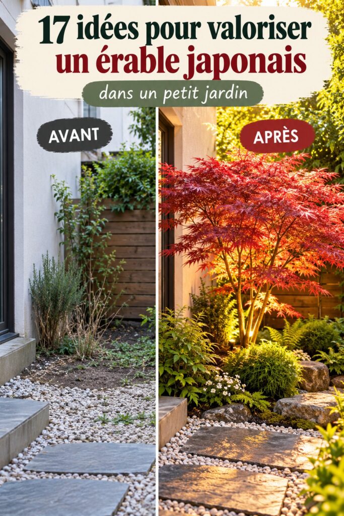 Un érable japonais magnifiquement coloré dans un petit jardin bien aménagé.